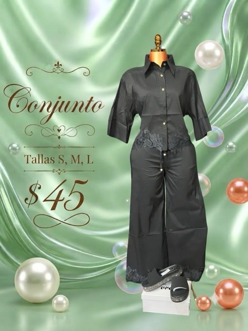 Women's Black Linen Wide-Leg Two-Piece Set with Embroidered Hem